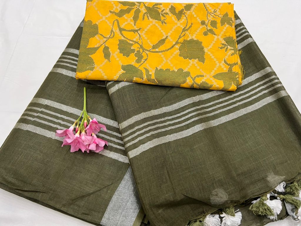 Mikado green cheap linen sarees online with yellow printed blouse