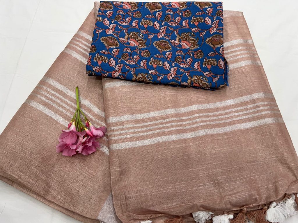 Thatch color pure linen sarees with zari border and blue printed blouse