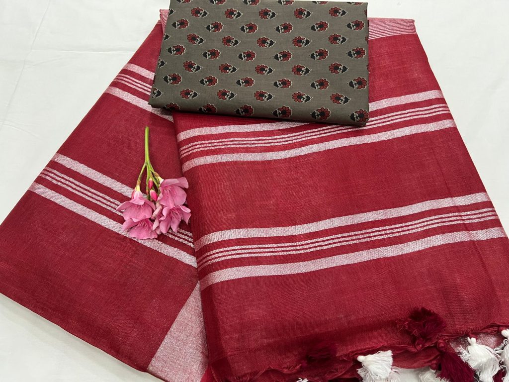 Wine Red Plain linen saree photos with printed cotton blouse