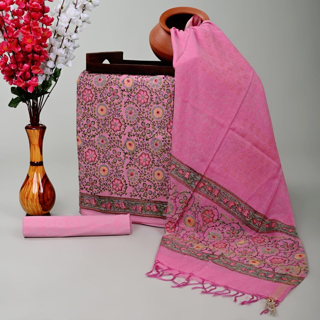 Rosebloom pink cotton suit with chanderi cotton dupatta