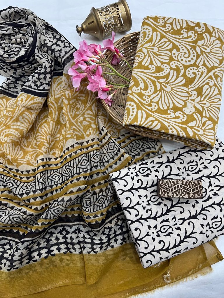 Oro bagru hand block printed suits online with chiffon dupatta