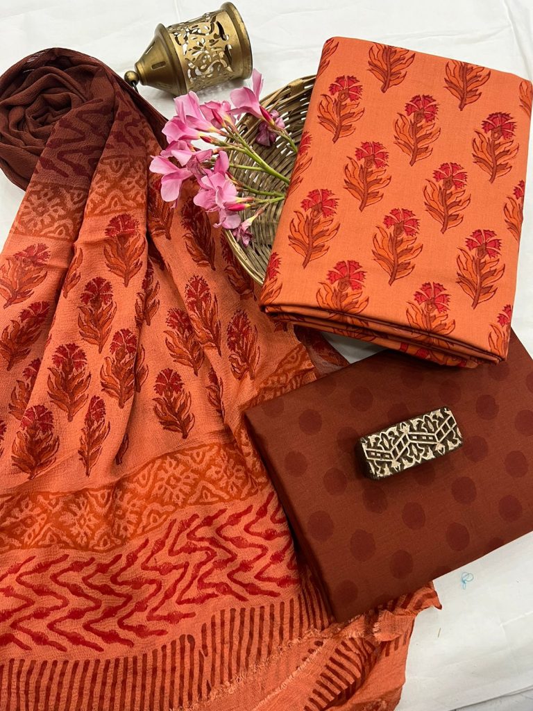 Durotar Fire orange hand block print dress materials with chiffon dupatta