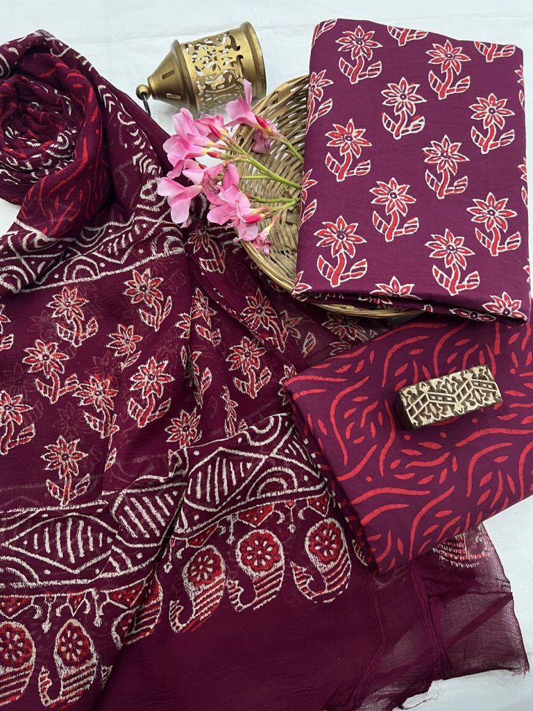 Wine Berry color hand block print suit with chiffon dupatta