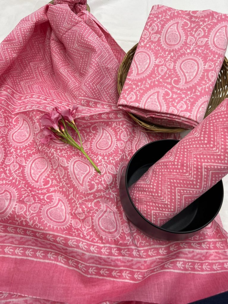 Flamingo Pink discharge print cotton unstitched suit material online with cotton dupatta