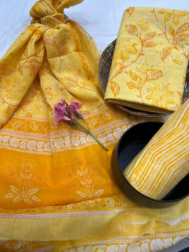 Pancake yellow cotton latest unstitched suit design with cotton dupatta
