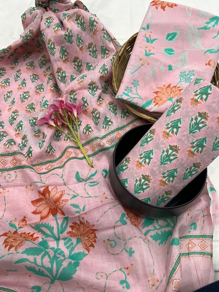 Cameo Appearance pink cotton floral printed salwar kameez designs with cotton dupatta
