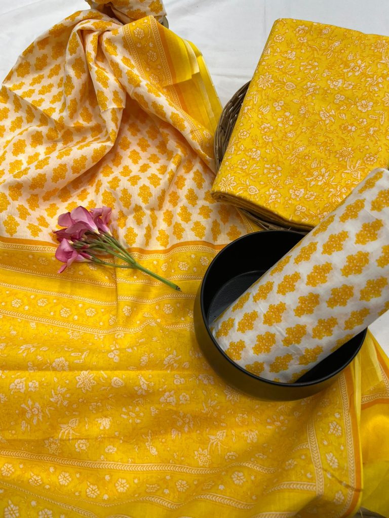 Gold color cotton jaipuri salwar suit online with cotton dupatta
