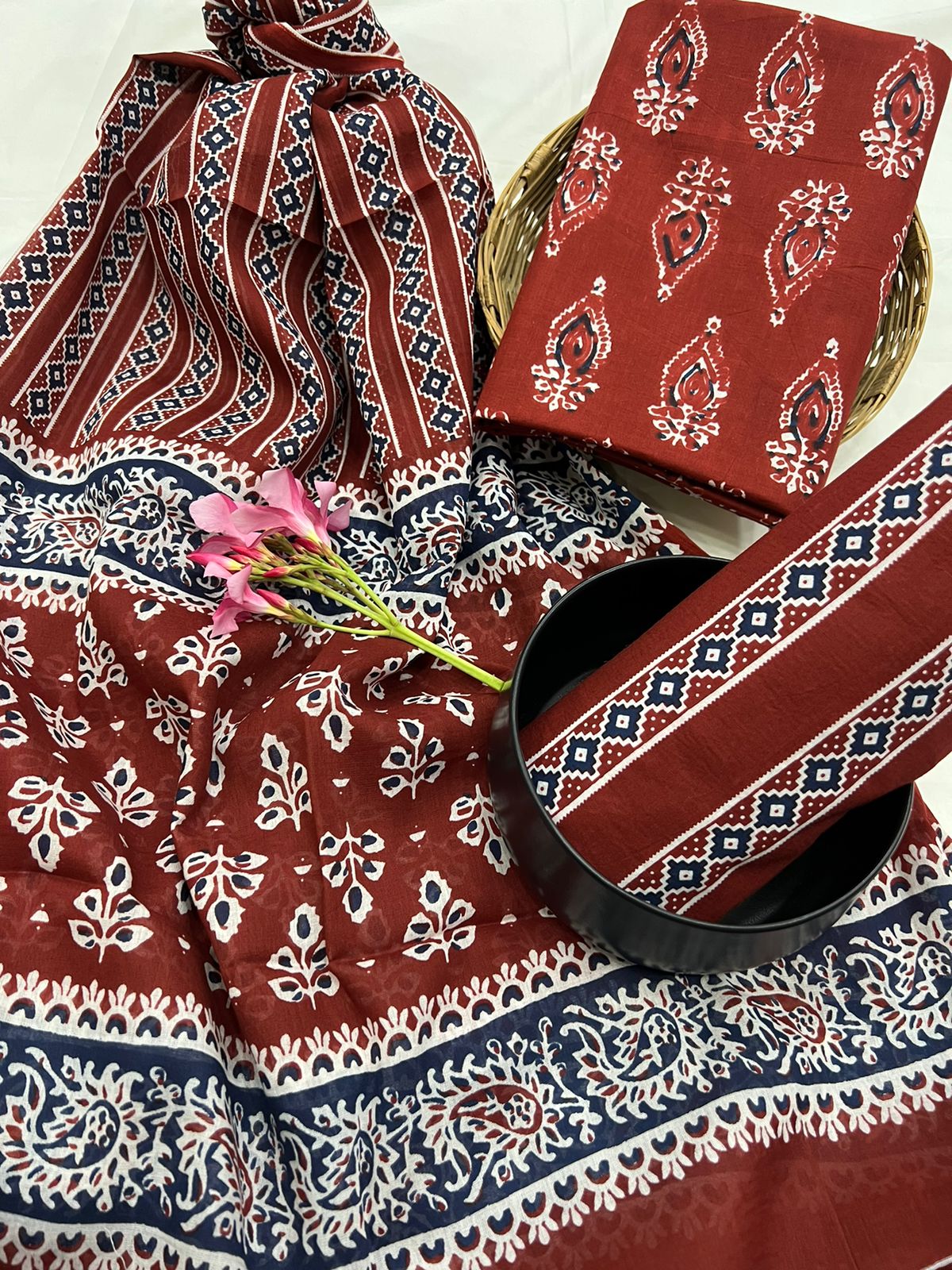 Wine Red cotton printed salwar suit material with cotton dupatta