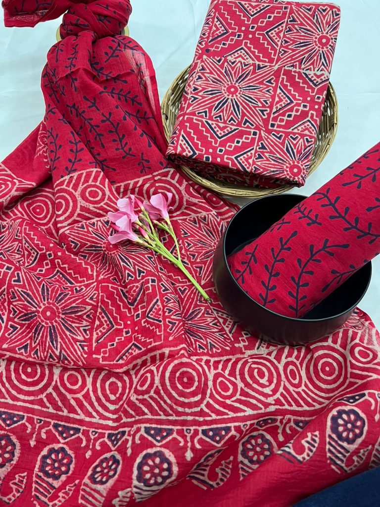Bright Maroon cotton printed pant suit for ladies with cotton dupatta