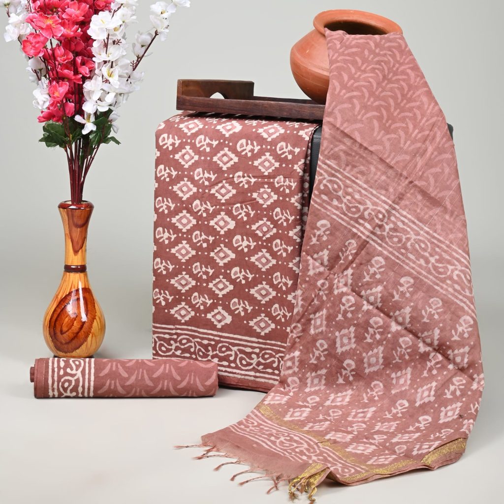 Copper Red hand block printed cotton suit with chanderi dupatta