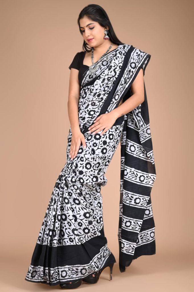 Black and white block print cotton saree