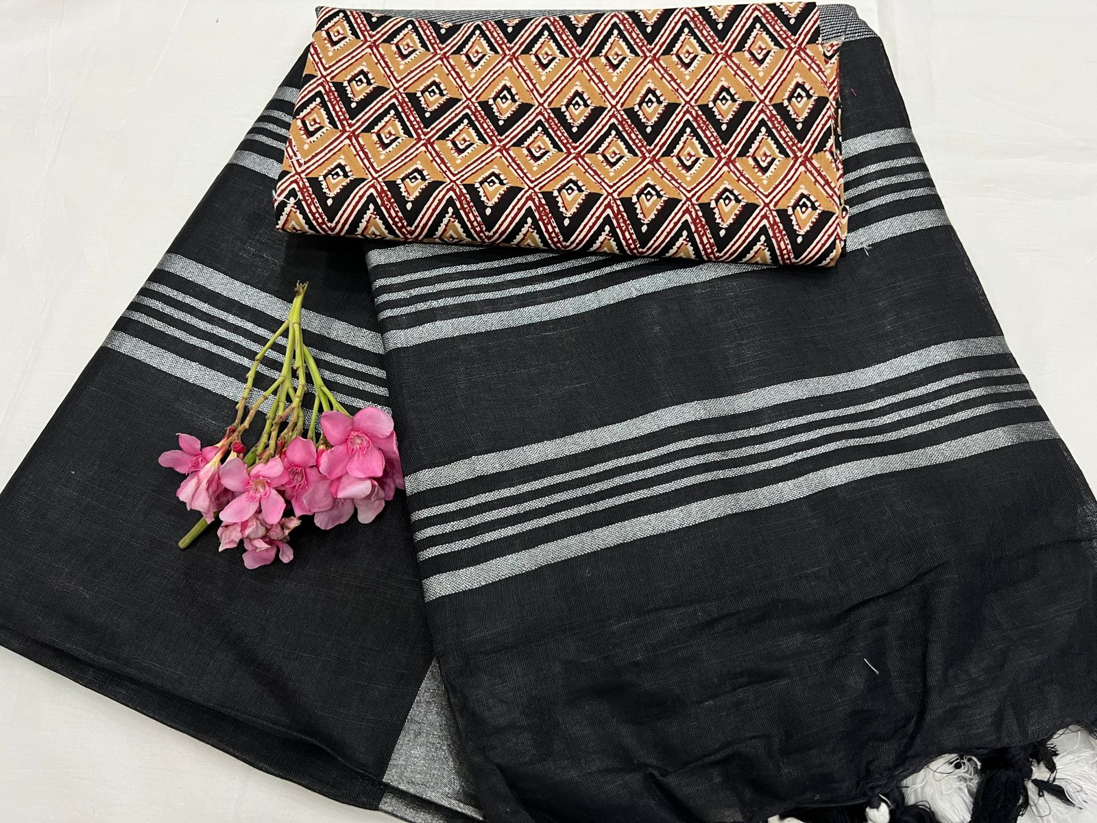 Black daily wear pure linen sarees