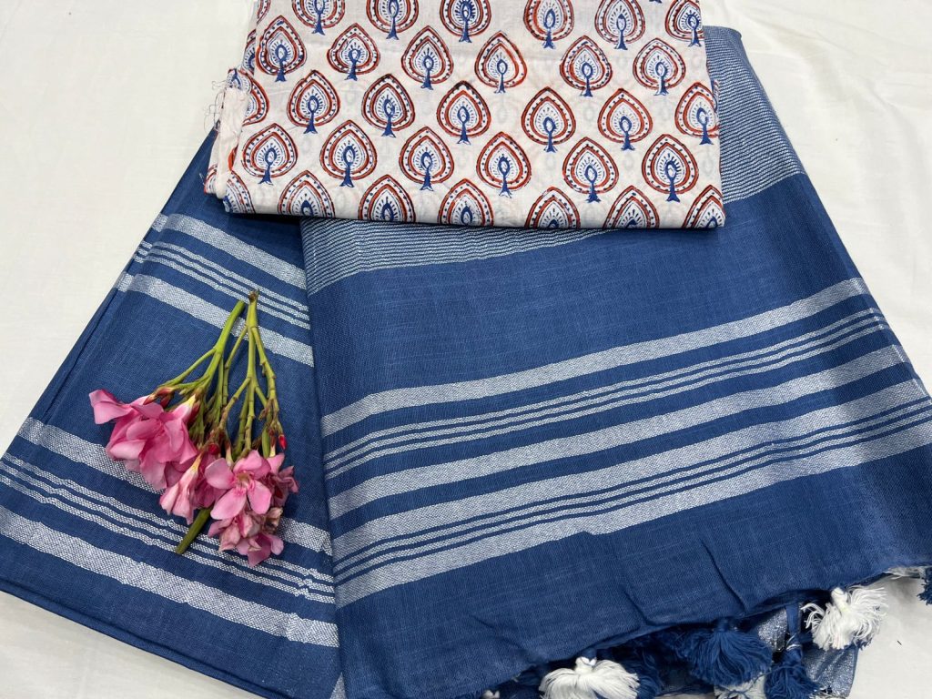 Cerulean Blue plain linen sarees images
