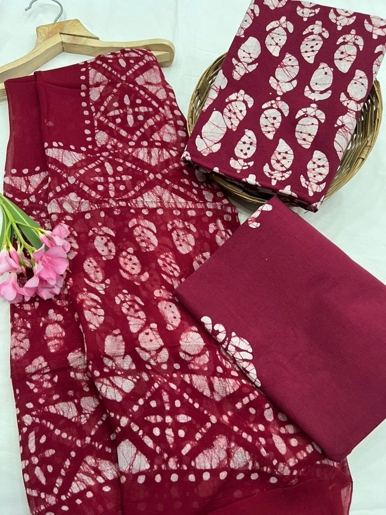Carmine chiffon dupatta cotton batik print suit set