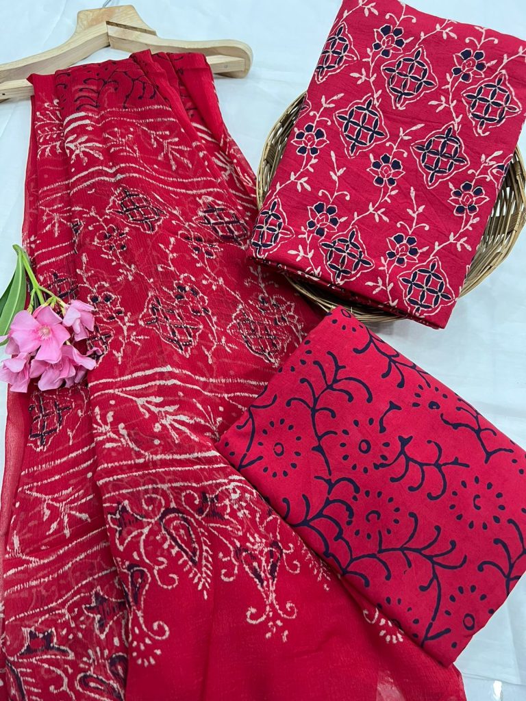 Amaranth cotton hand block print salwar kameez with chiffon dupatta
