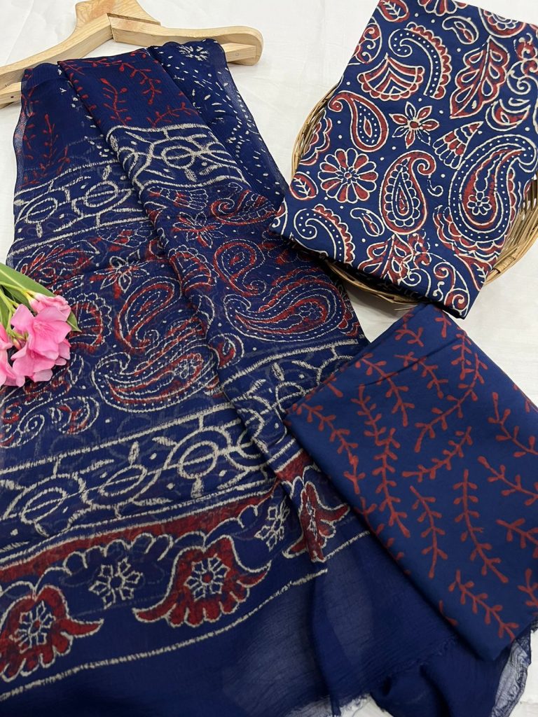 Blue cotton block print cotton salwar kameez with chiffon dupatta