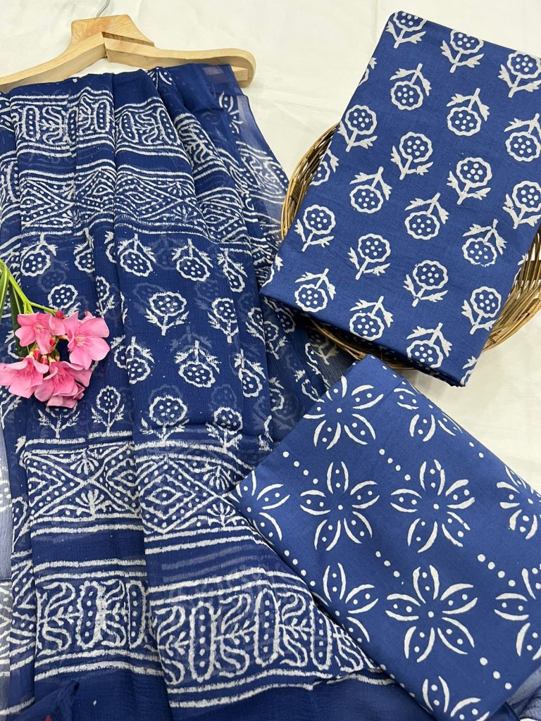 Indigo blue block print suits online india with chiffon dupatta