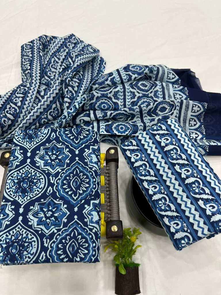 Natural indigo blue daily wear cotton salwar suits with cotton dupatta