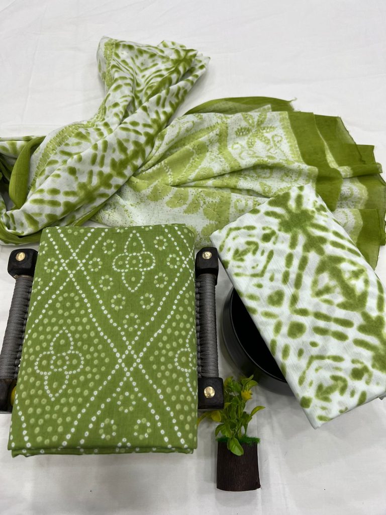 Fern Green cotton rajasthani bandhej print salwar suits online with cotton dupatta