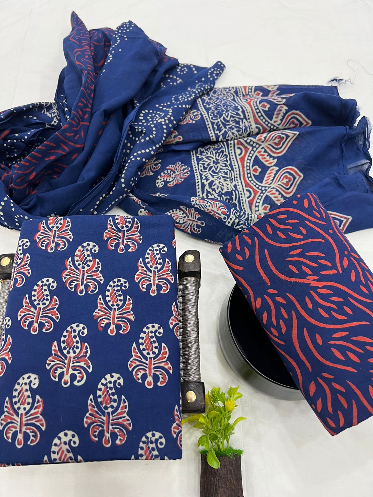 Blue cotton daily wear salwar kameez suits with cotton dupatta