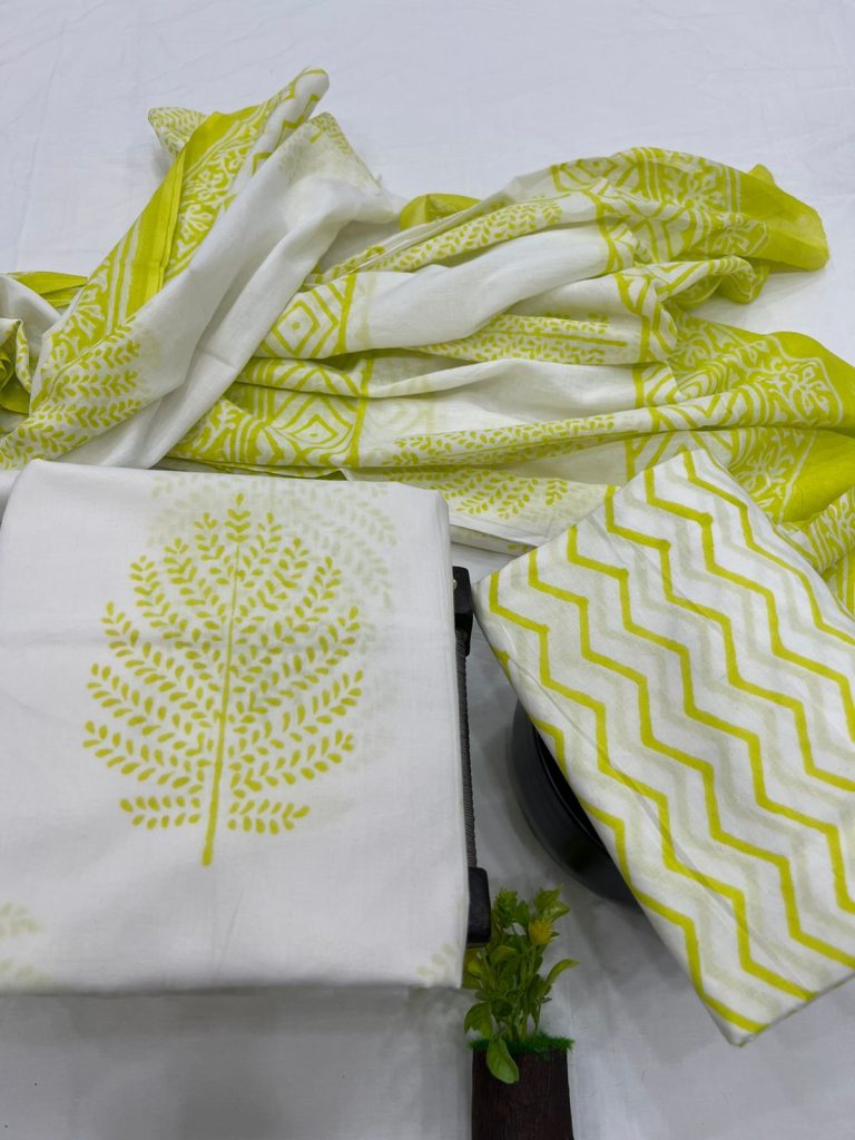 White and Electric Lime cotton daily wear suits design with cotton dupatta