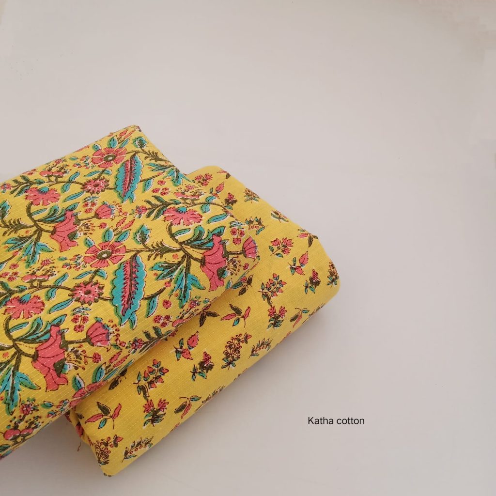 Canary Yellow floral print cotton kantha work running material