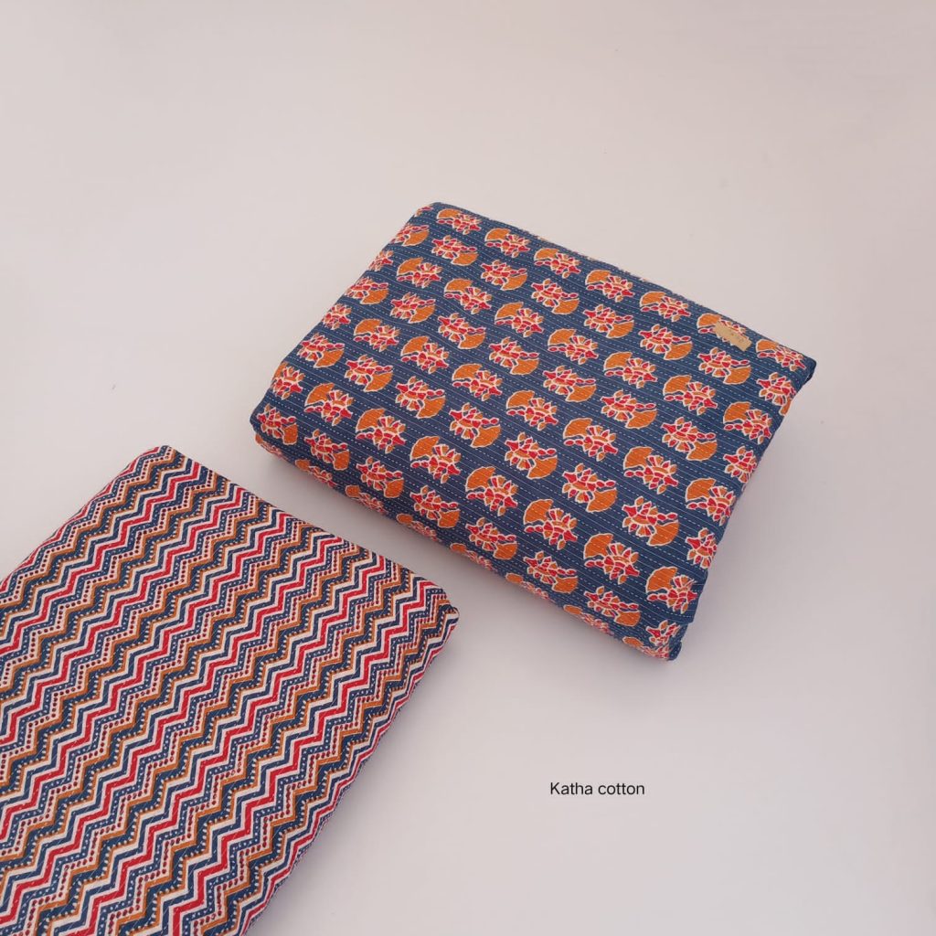 Cerulean Blue and orange printed cotton kantha work running material