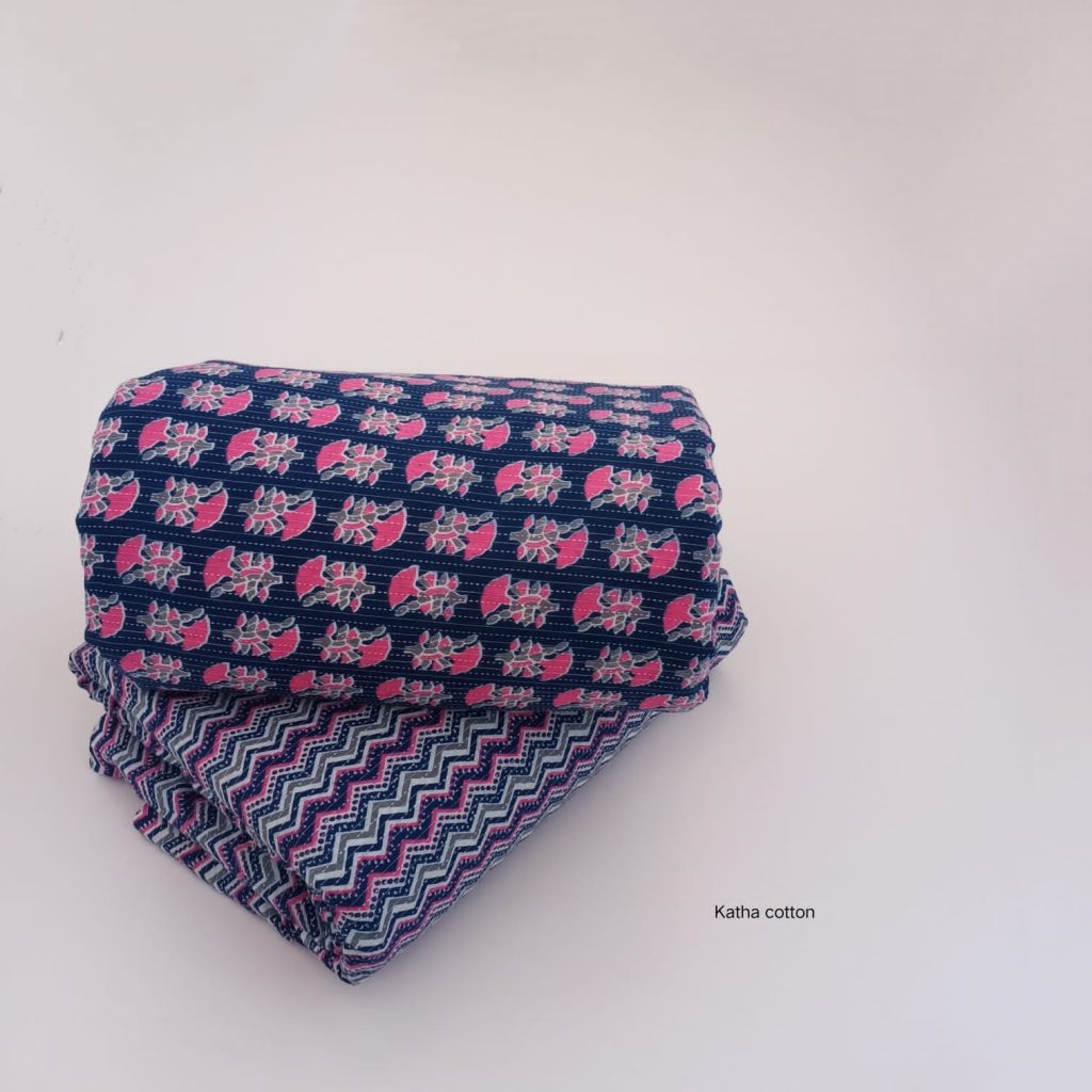 Dark blue pure kantha work cotton running material with Brilliant Rose print