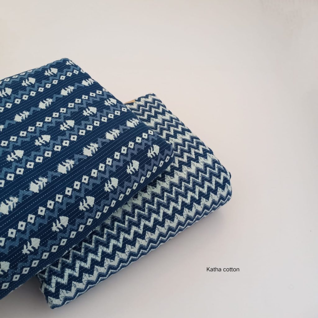 Indigo blue printed kantha work cotton running material