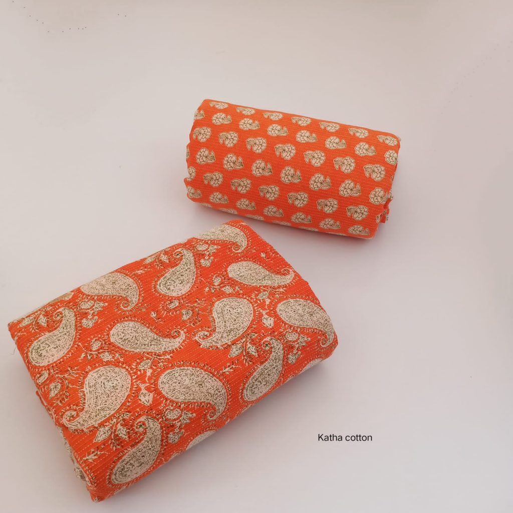 International Orange paisley print kantha work cotton running material