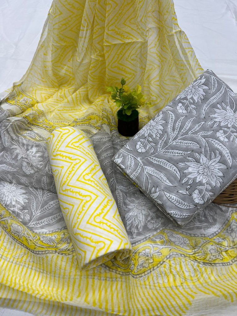 Yellow gray block print suits with chiffon dupatta