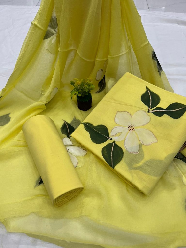 Canary Yellow hand brush painted cotton suits with pure chiffon dupatta wholesale