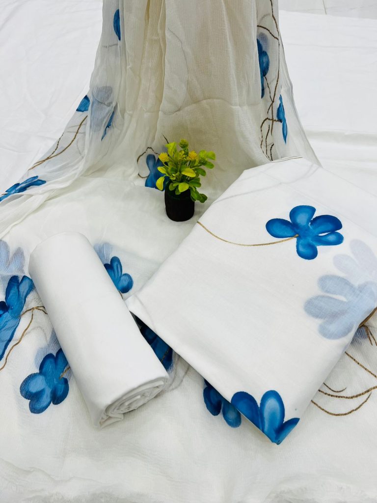 White hand brush painted jaipuri cotton suit with chiffon dupatta