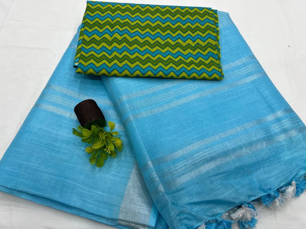 Deep Sky Blue plain linen sarees with blouse printed designs