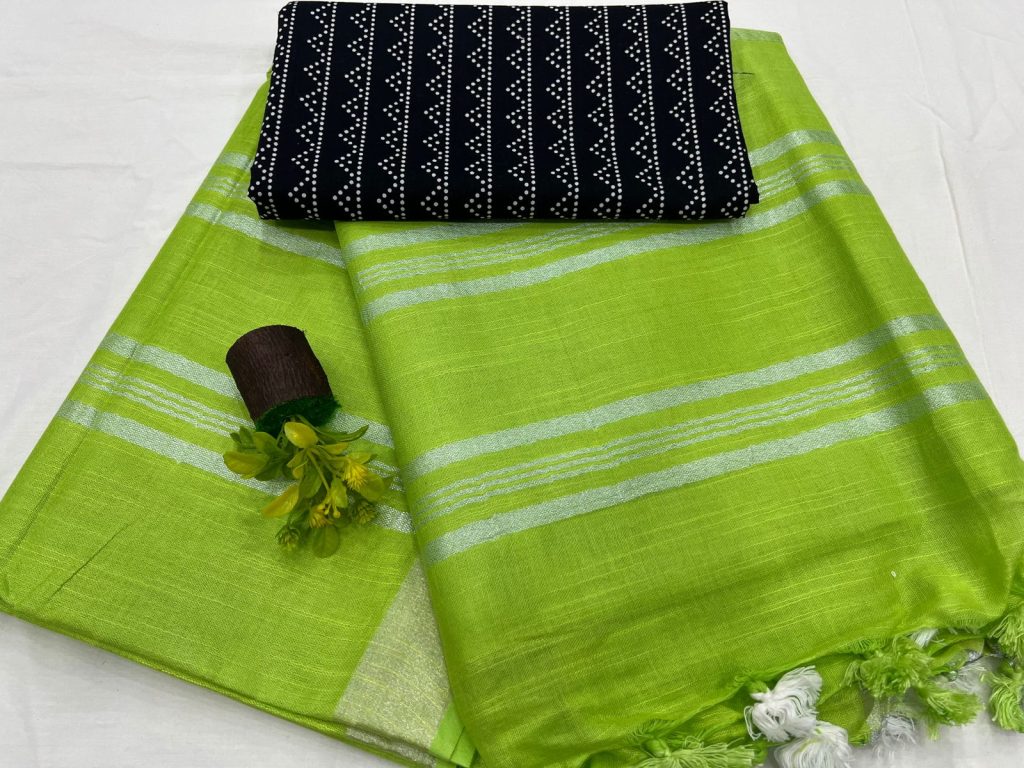 Green Yellow plain linen sarees images with printed cotton blouse
