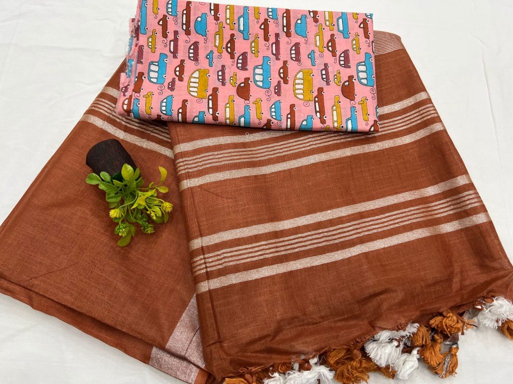 Chestnut plain buy linen sarees online with printed cotton blouse