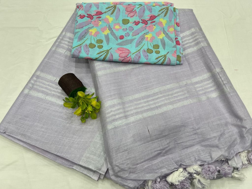 Blue Bell plain best linen sarees online with printed cotton blouse