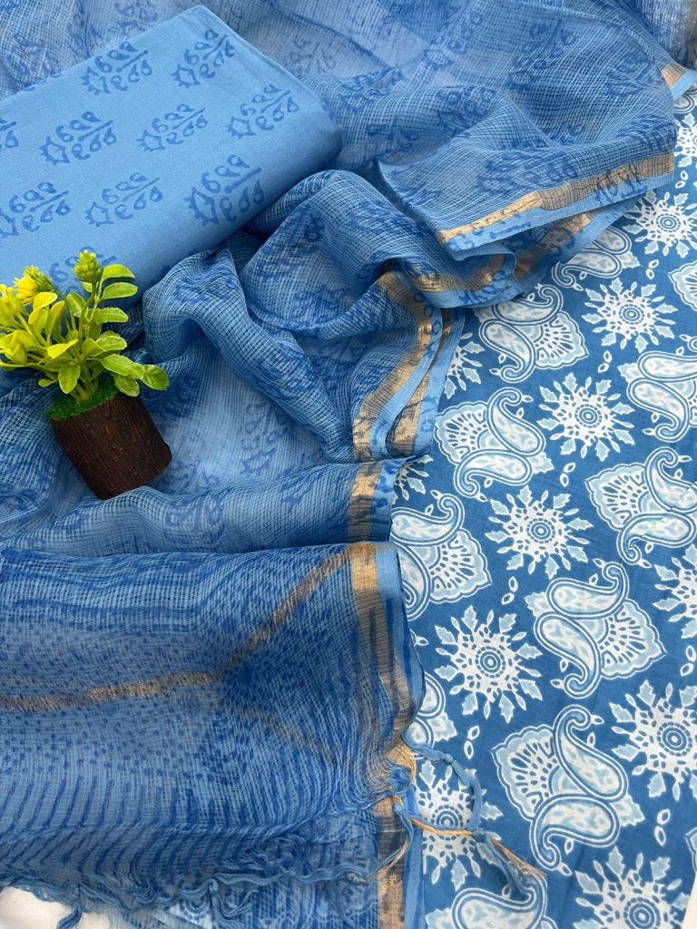 Cornflower Blue printed suits for office wear ladies with kota doriya dupatta