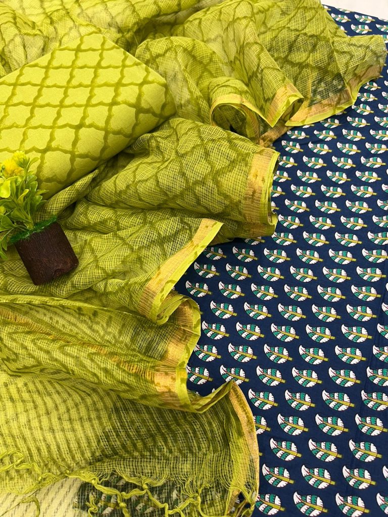 Prussian blue and pear green printed suits for office wear ladies with kota doria dupatta