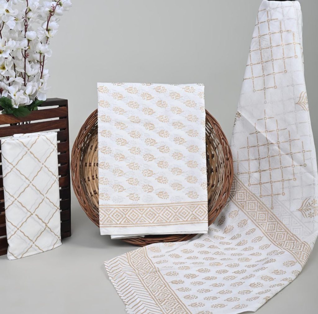 Pure white golden print cotton dupatta suits wholesale