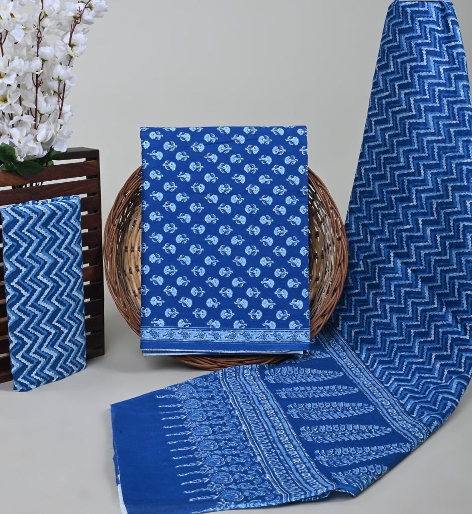 Denim blue discharge print cotton salwar suit dupatta