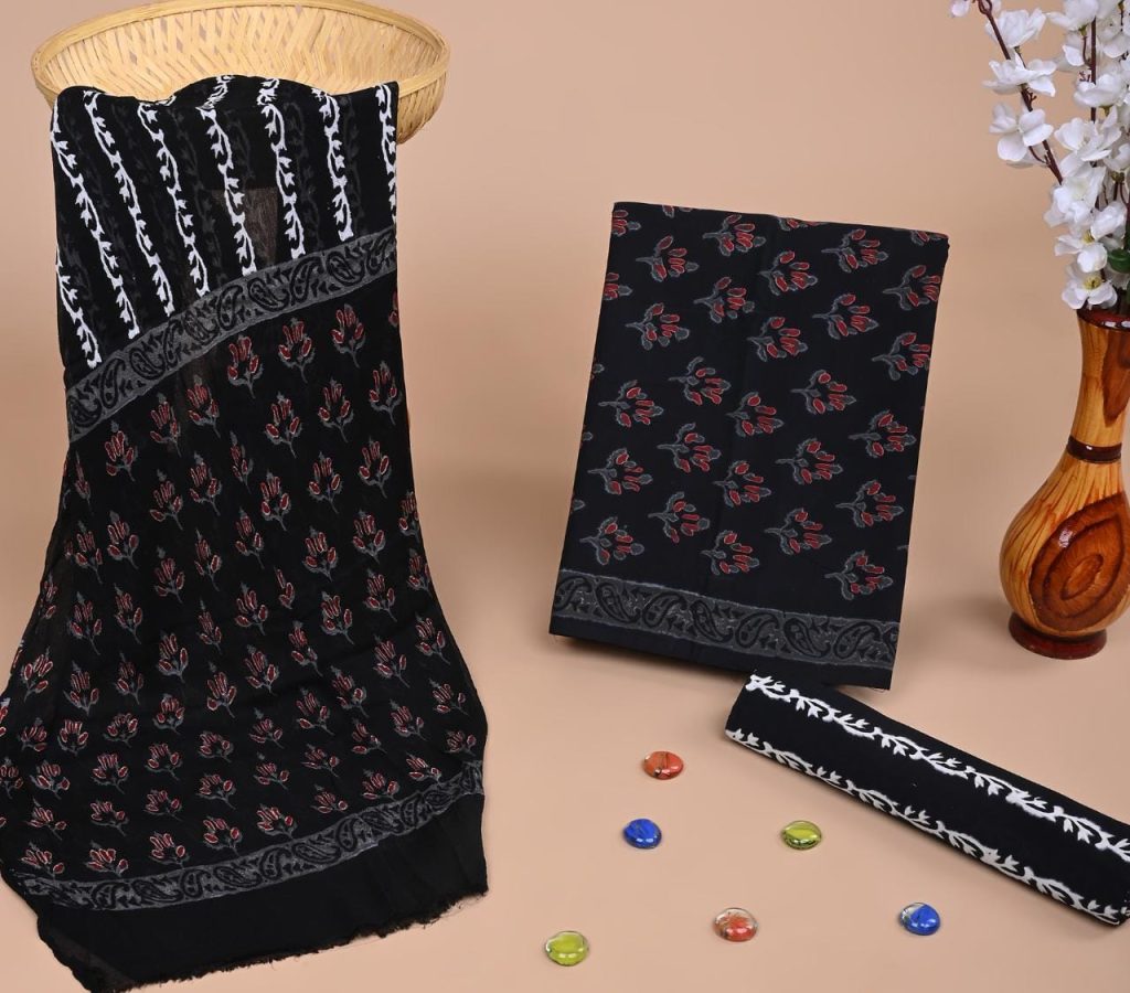 Black hand block printed pure cotton suit with chiffon dupatta