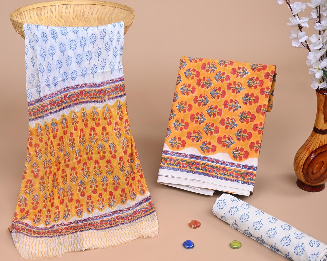 Carrot Orange hand block printed cotton dress material with chiffon dupatta wholesale