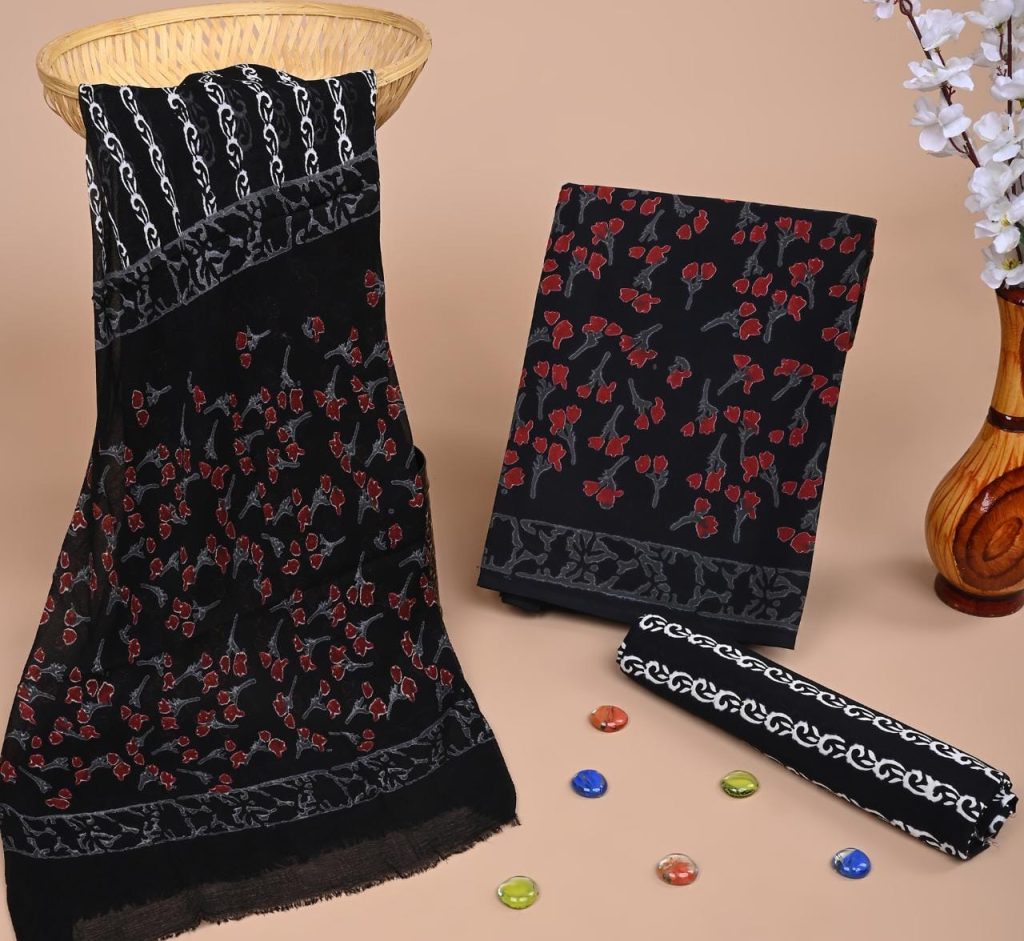 Pure black and red block printed cotton suits with chiffon dupatta online