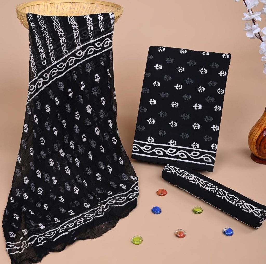 Pure black hand block printed cotton suit with chiffon dupatta