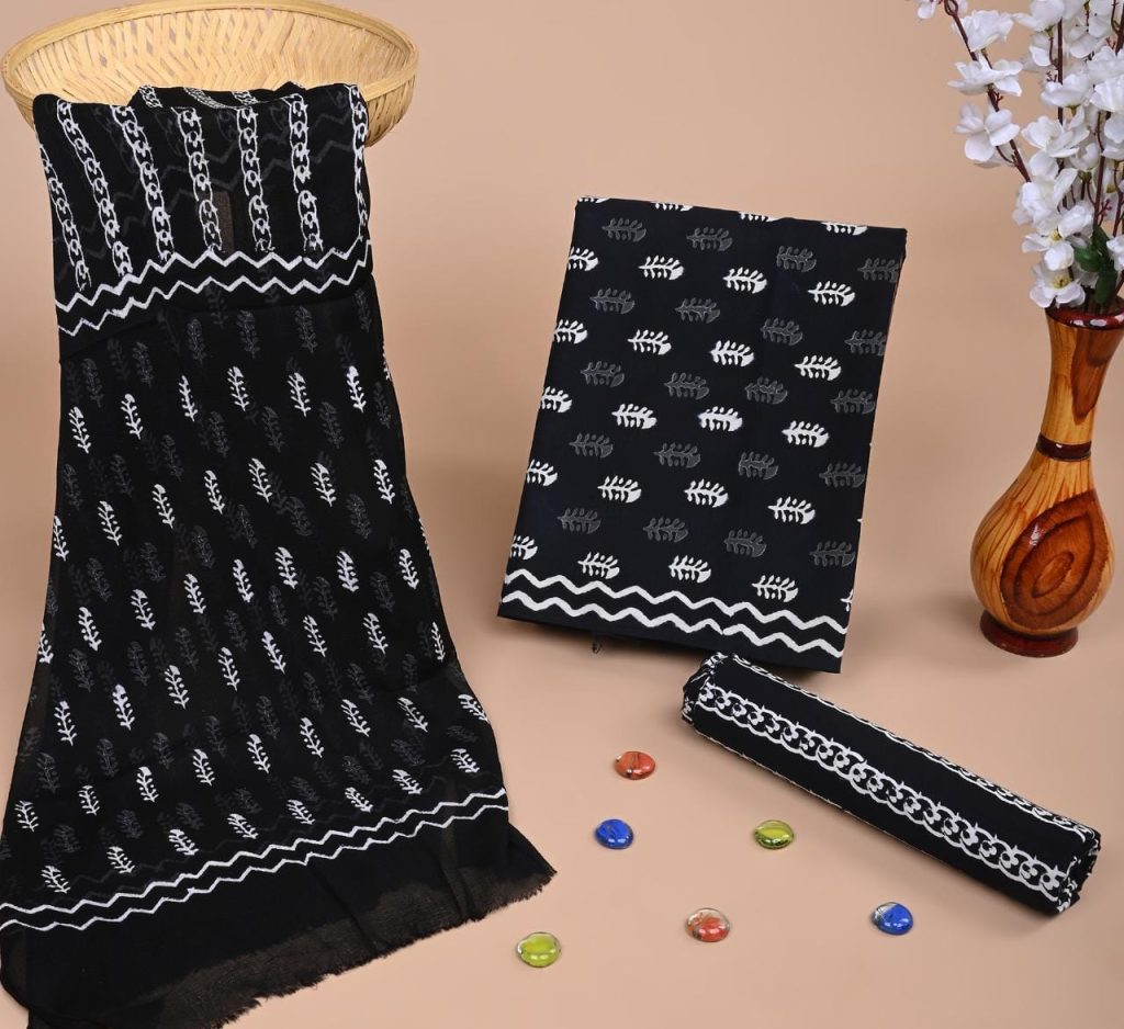 Pure black hand block printed cotton suits with chiffon dupatta wholesale