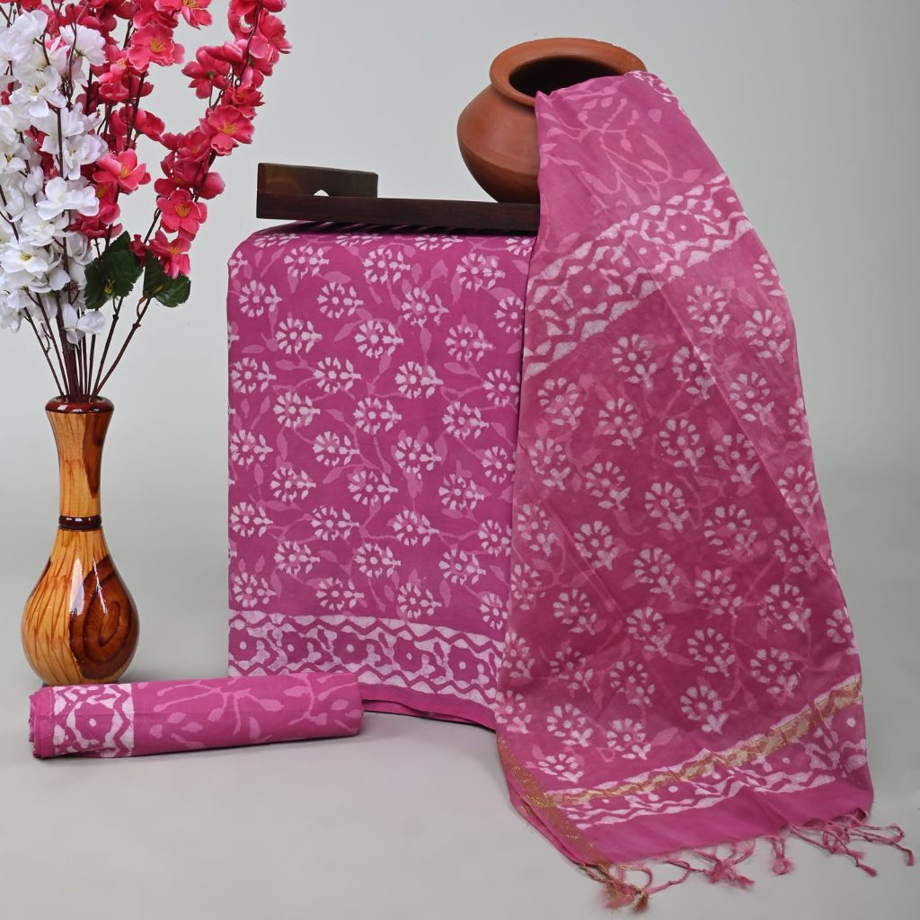 Hot Pink dabu print cotton suit with chanderi cotton dupatta