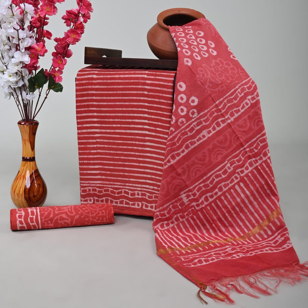 Red dabu print cotton suit with chanderi cotton dupatta