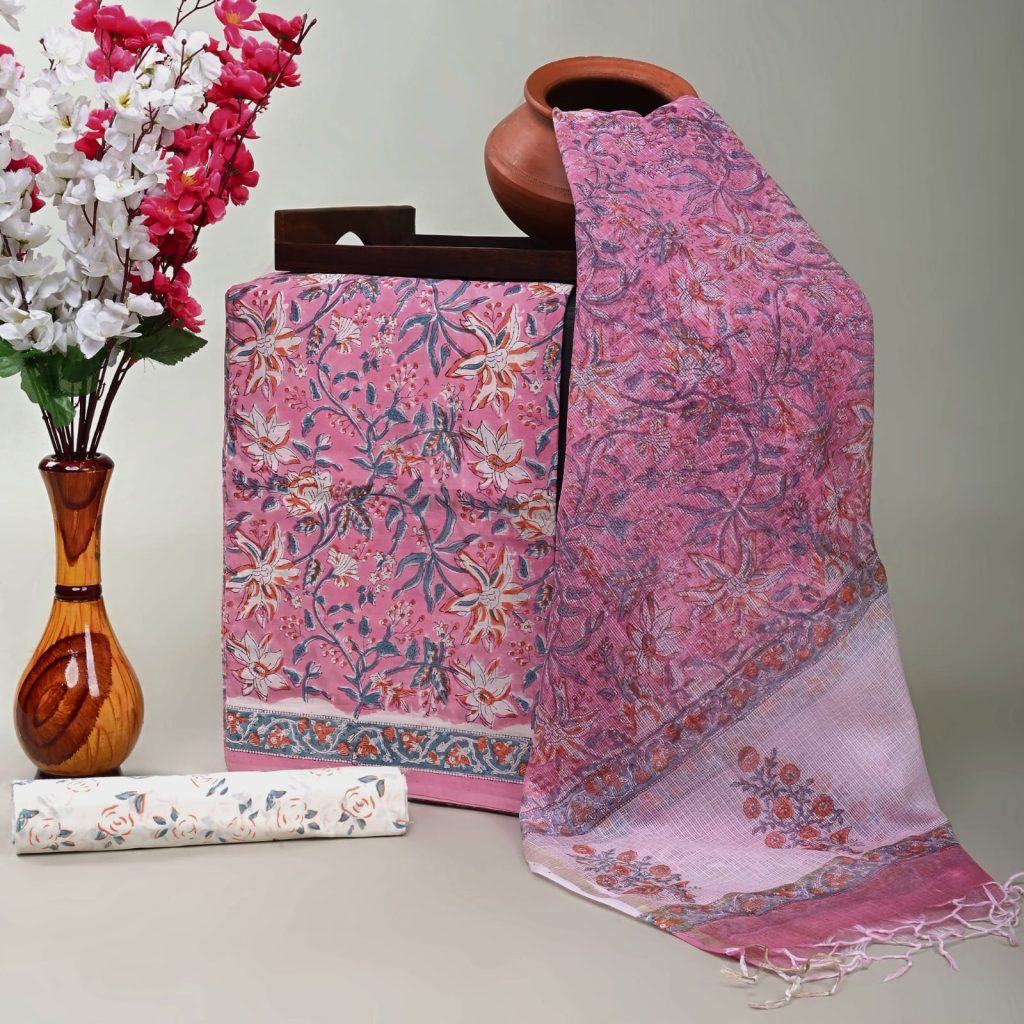 China pink cotton printed buy salwar kameez fabric unstitched online with kota doriya dupatta