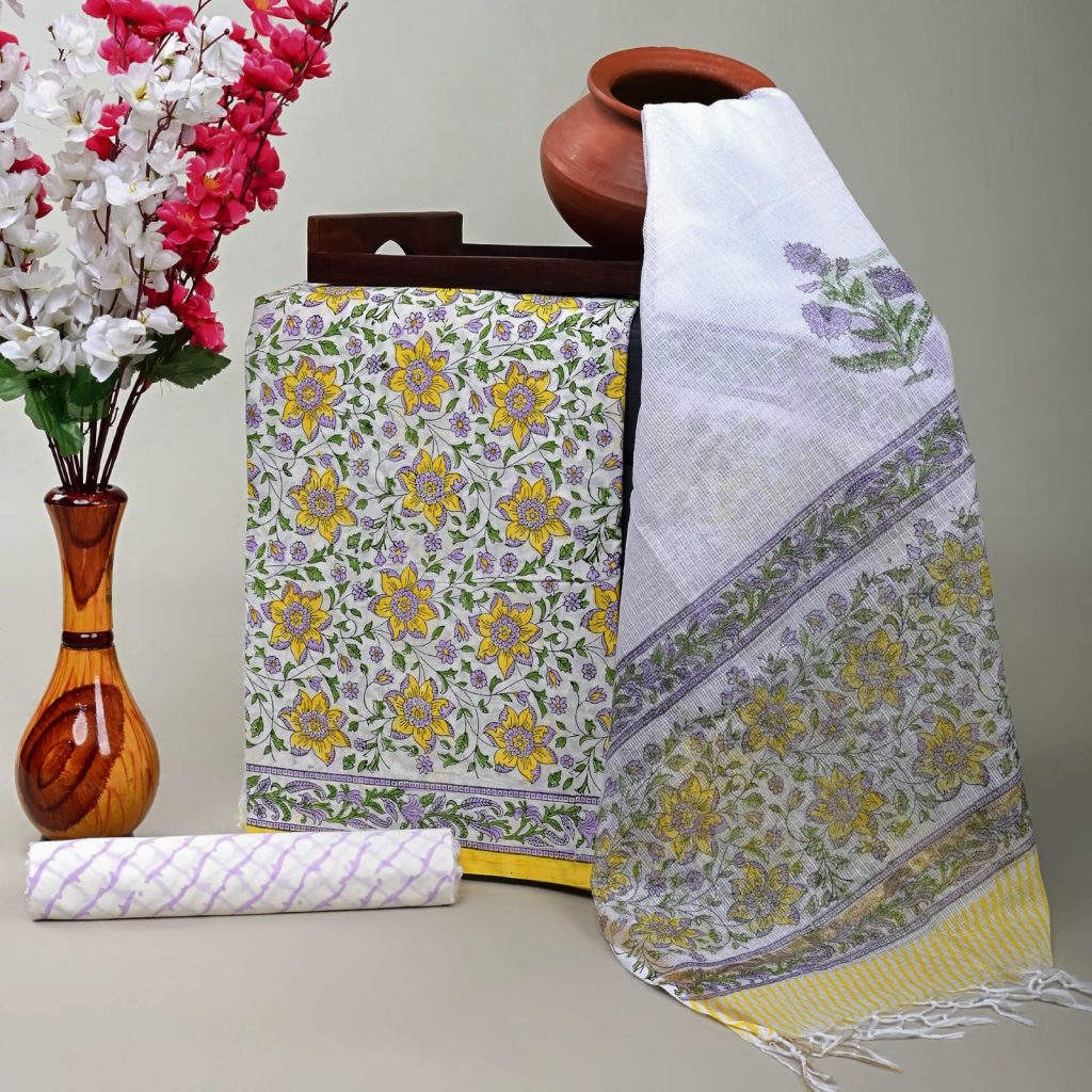 Honeydew cotton printed jaipuri salwar kameez in india with kota doriya dupatta